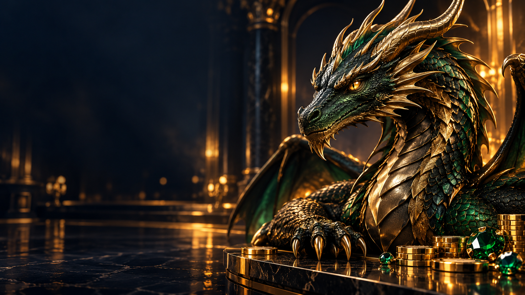 An emerald and gold dragon in a dark, gilded hall